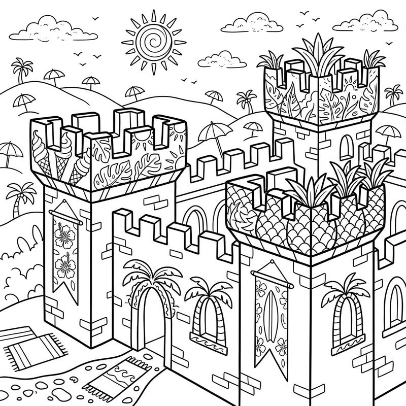 Experience a unique blend of history and vacation fun with our Summer Castle Battlements coloring page. Adorned with tropical elements like pineapples, ice cream, and lush foliage, this design offers a delightful creative escape.