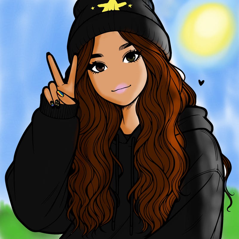 a teenage girl in a beanie, oversized sweatshirt, wavy long hair, and is showing a ✌️