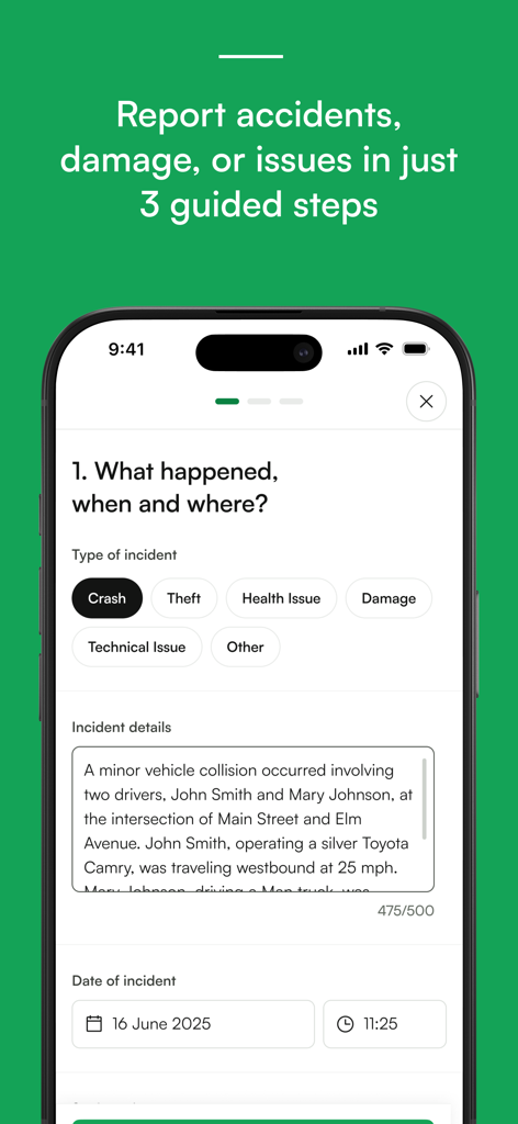 Quartix Check - Pantalla de la aplicación Quartix Check para reportar incidentes de vehículos, incluyendo tipo de accidente y detalles