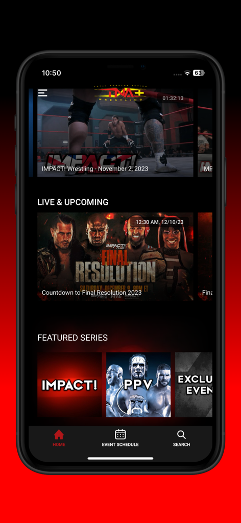 TNA Plus app home screen showing wrestling videos and upcoming events