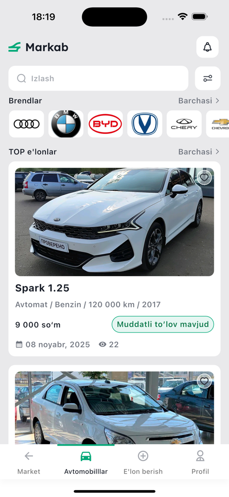 Markab - Markab mobile app interface displaying car listings and brand categories for the Uzbek community.