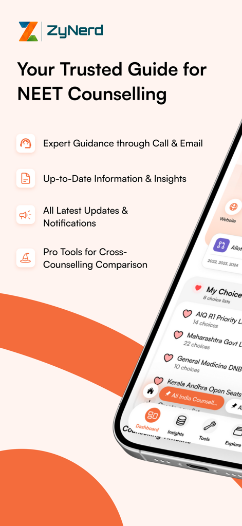 ZyNerd mobile app dashboard for NEET medical counselling guidance