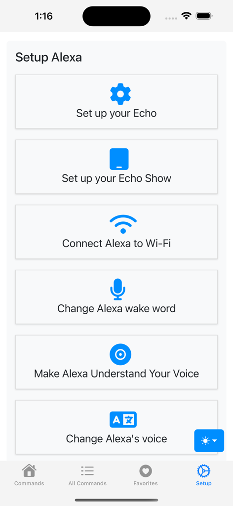 Setup guide screen for Alexa and Echo devices featuring voice and Wi-Fi settings