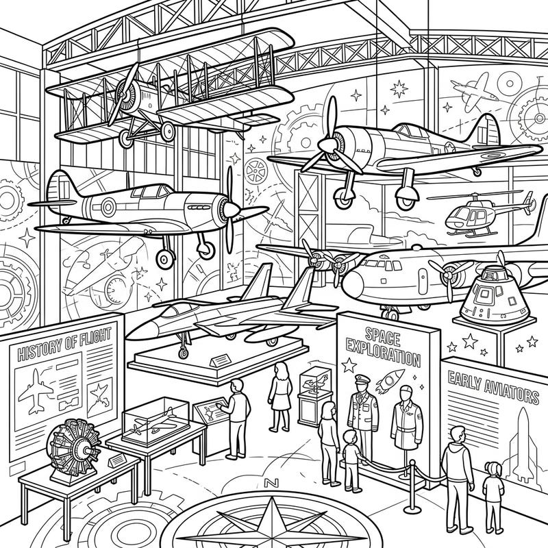 Step back in time and explore the marvels of aviation and space travel with this engaging coloring page. Designed with clear, bold lines, it's perfect for seniors to enjoy a relaxing and enriching artistic experience.