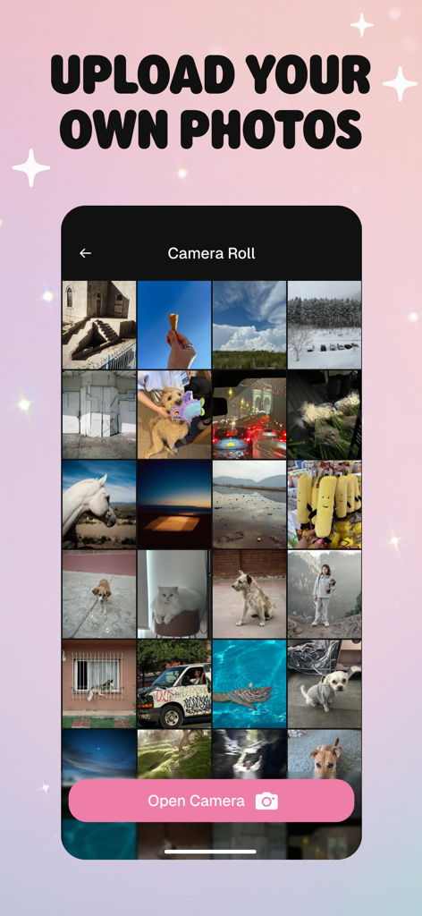 Moshicam Photo Editor & Frames - Interface de pellicule de l'application Moshicam montrant une grille de photos à sélectionner pour l'édition