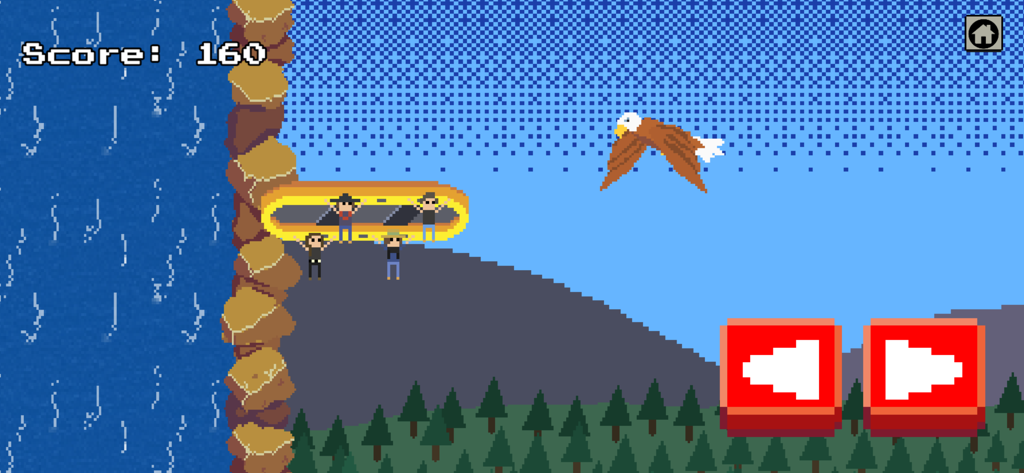 Hussy Hicks - Retro pixel art arcade gameplay from the Hussy Hicks mobile app showing characters on a raft