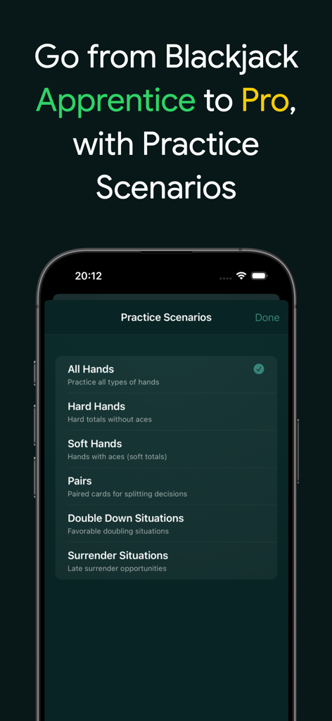 Blackjack trainer app displaying practice scenarios for hard hands and soft hands