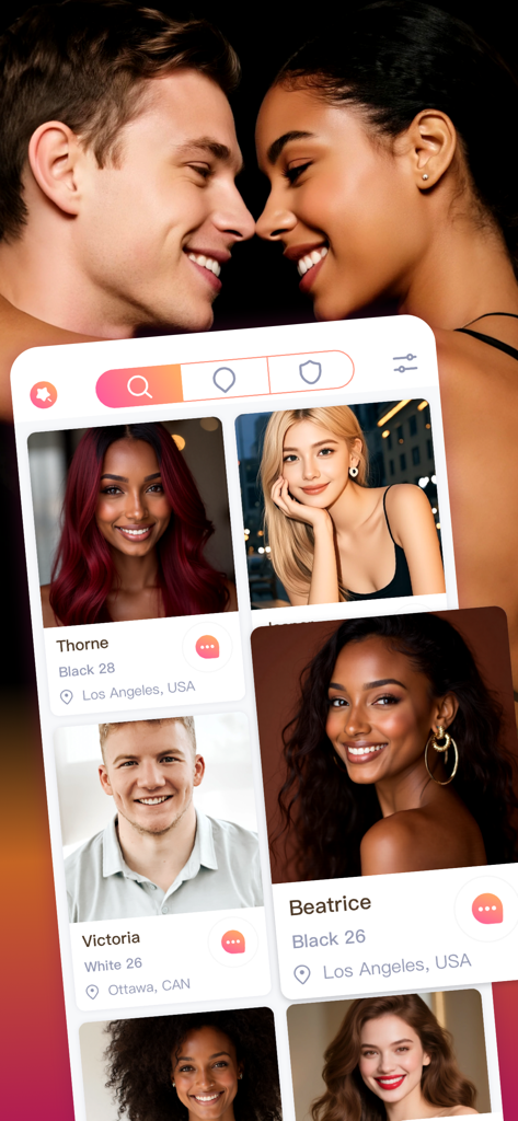 Interracial Date, Match: Mixed - Mixed app interface displaying diverse profiles of singles for interracial dating