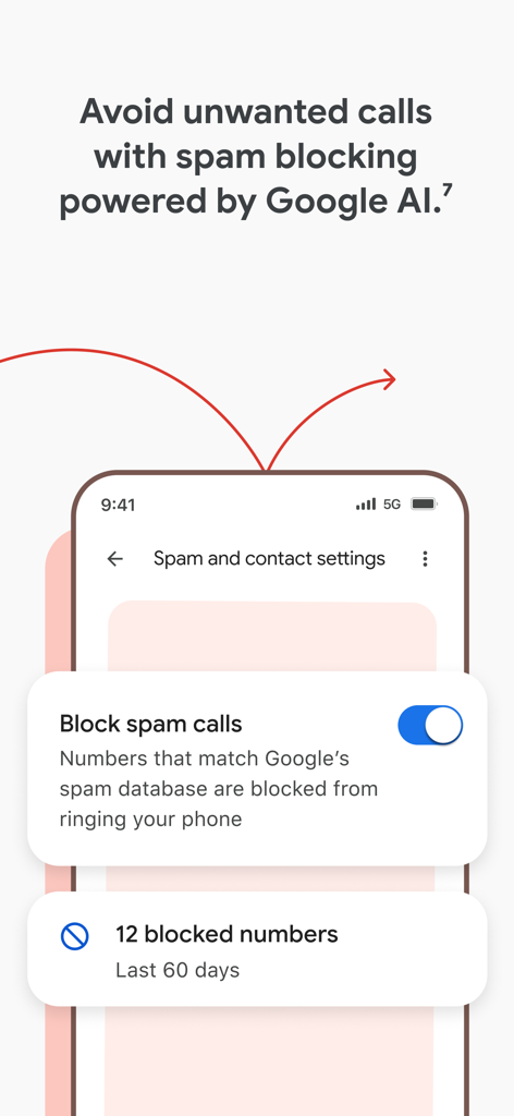 Google Fi Wireless - Interfaz de la aplicación Google Fi Wireless para bloqueo de llamadas de spam impulsado por IA con lista de números bloqueados