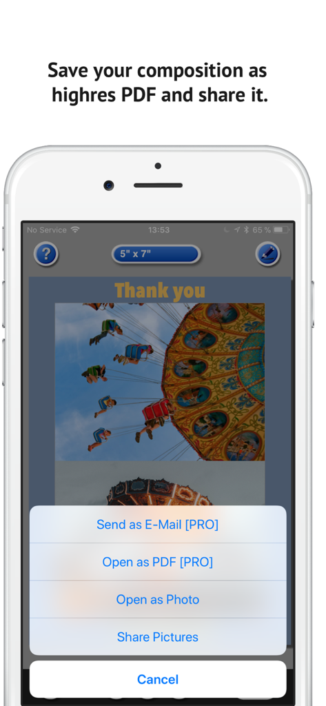 PhotoPrint Pro - Screen showing options to save photo compositions as high resolution PDF or share via email