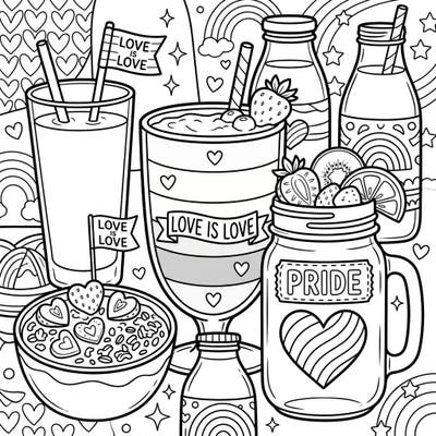 Dive into a vibrant celebration of love and diversity with this delightful coloring page featuring refreshing smoothies and juices. Adorned with 'Love is Love' messages and rainbow accents, it's perfect for Pride Month.