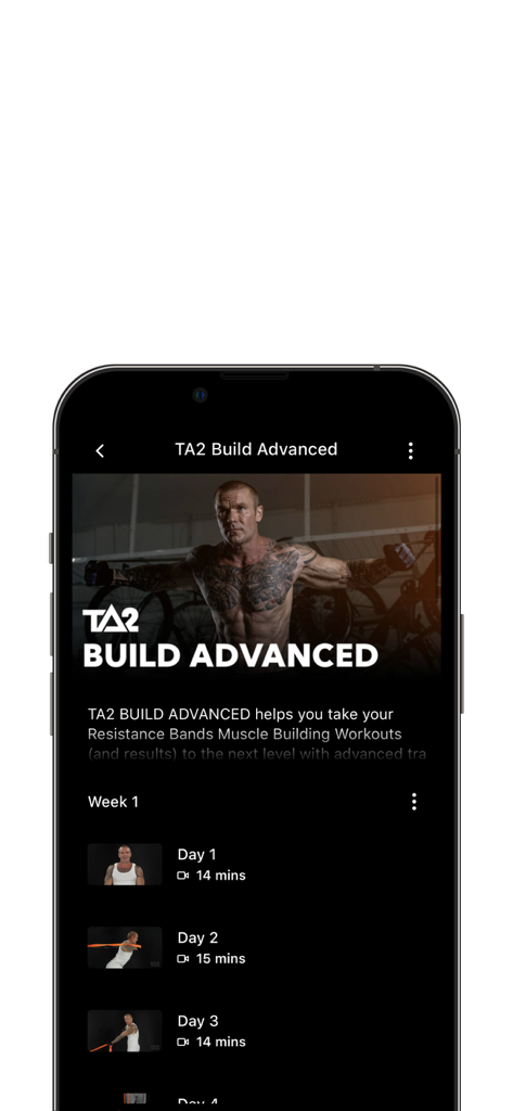Undersun Fitness - Undersun Fitness app interface showing the TA2 Build Advanced workout schedule with daily video tutorials