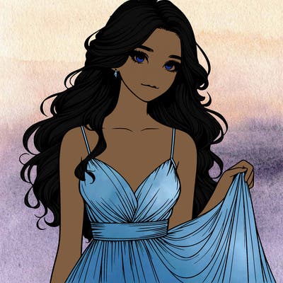 realistic girl in flowy silky prom dress
