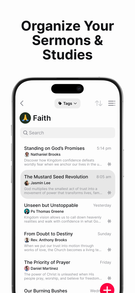 Spirit Notes - Christian Notes - iPhone screen displaying a list of organized sermon notes including titles and preachers in the Spirit Notes app