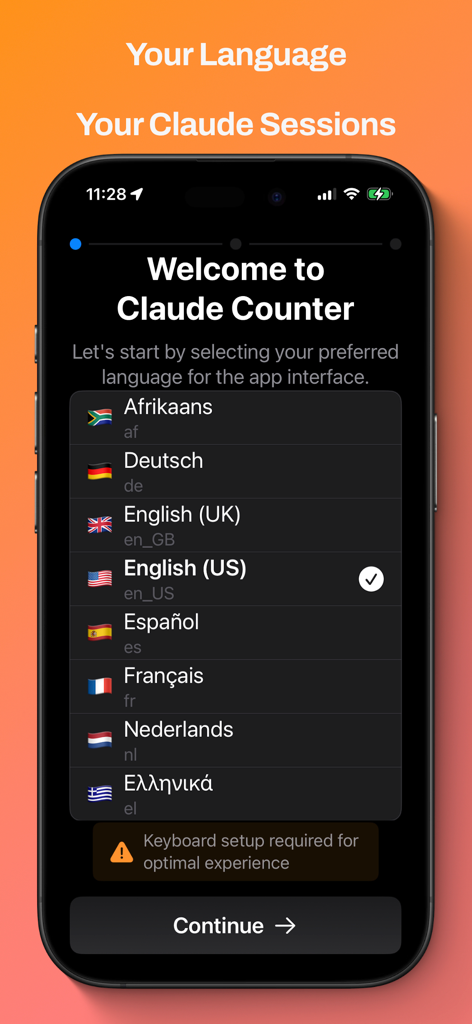 Claude Counter - Pantalla de incorporación de la aplicación Claude Counter que muestra opciones de selección de idioma para inglés de EE. UU., español y francés.