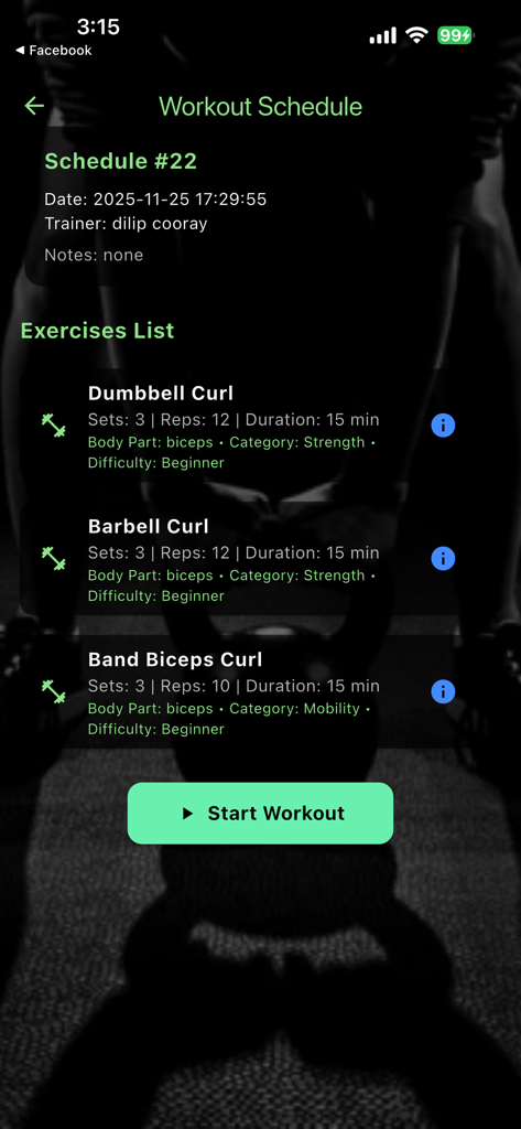 Gym Master workout schedule screen showing exercises list and start button
