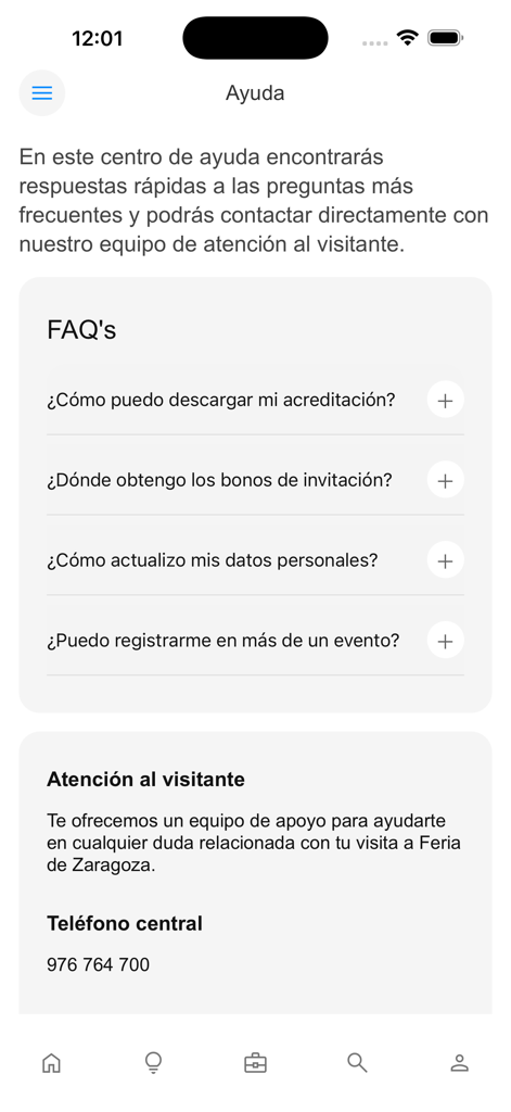 A tela de central de ajuda e FAQ do aplicativo FIMA Agricola mostrando opções de suporte ao visitante.