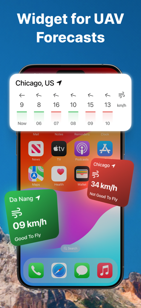 DroneWX UAV Weather Forecast - Drone weather forecast widgets displaying wind speed and flight safety status on an iPhone home screen.