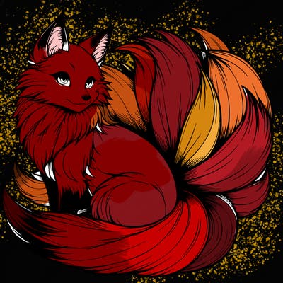 realistic detailed 9 tailed anime fox