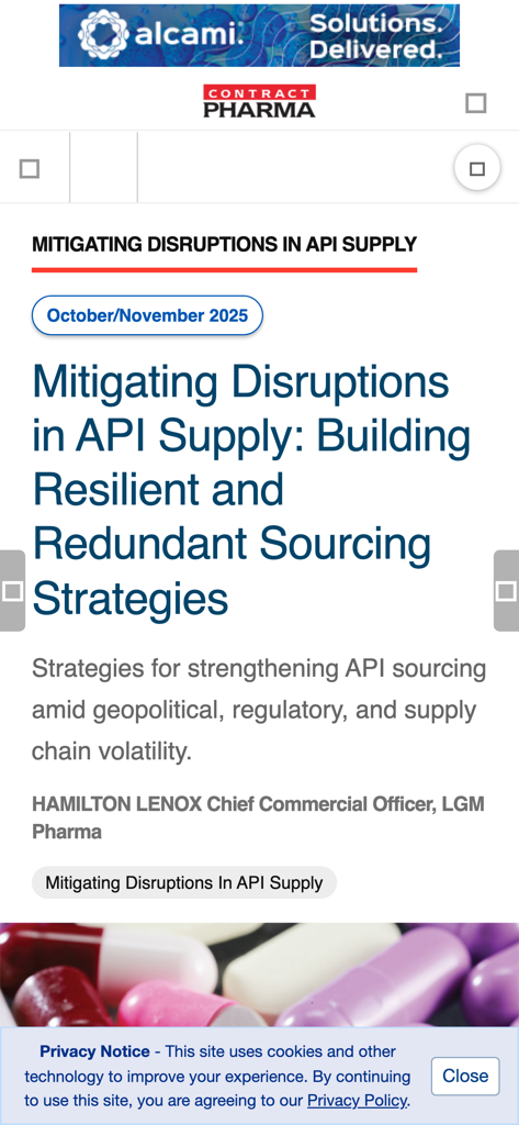 Contract Pharma - Screenshot of an article about mitigating API supply disruptions in the Contract Pharma app