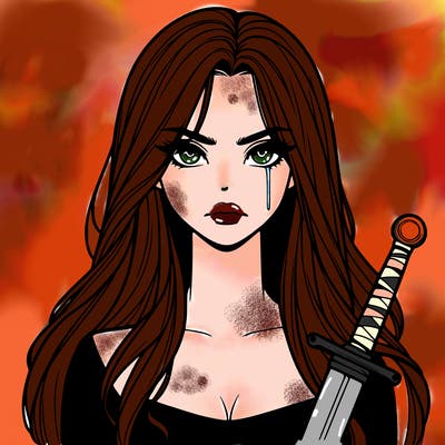 tall serious realistic girl with long hair with a mouth a noes with eyes hold a sword