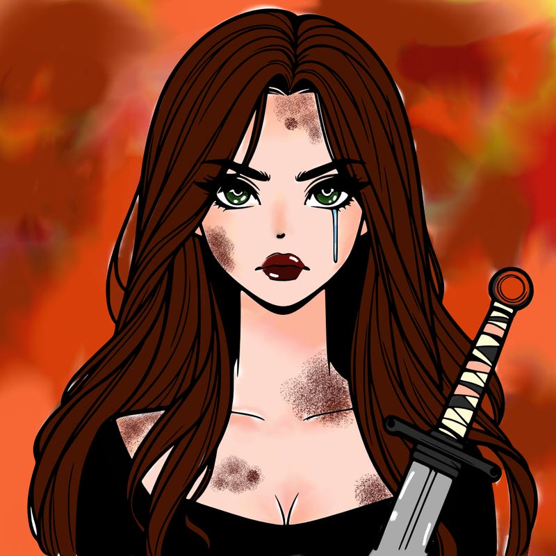 tall serious realistic girl with long hair with a mouth a noes with eyes hold a sword