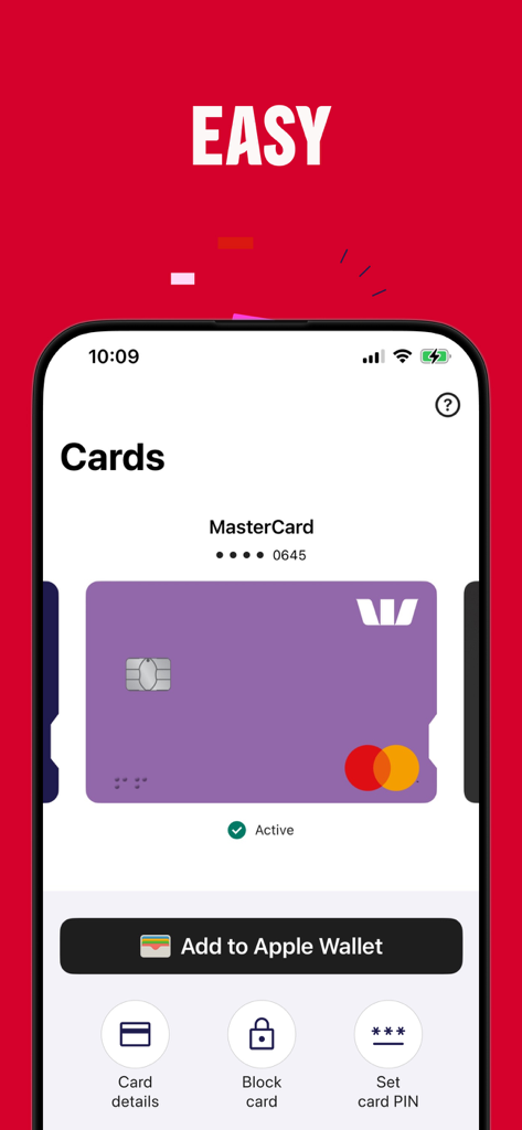Westpac One NZ mobile banking app screen showing Mastercard management with options to block card and add to Apple Wallet