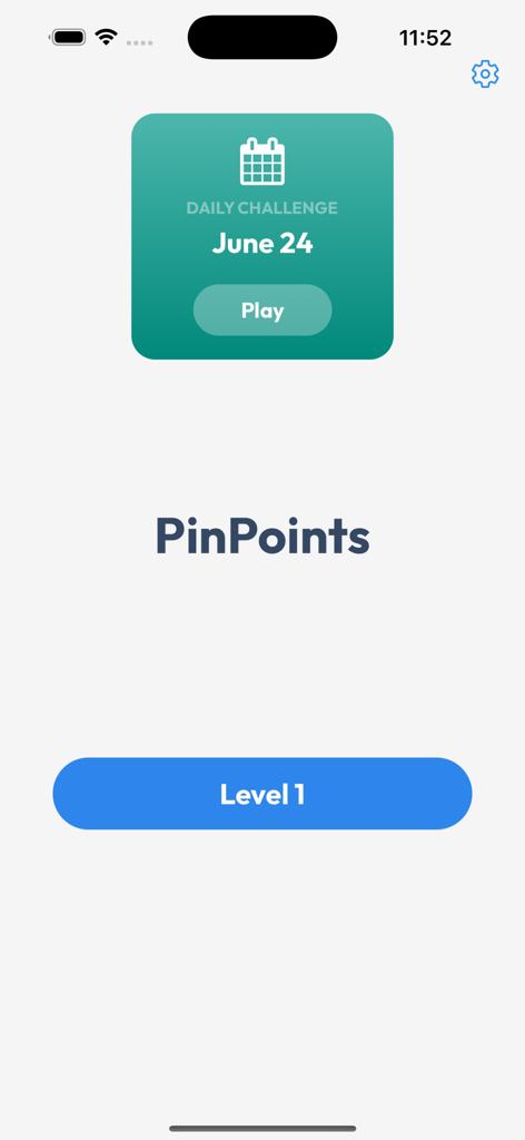 PinPoints - Word Guessing Game - Main menu of PinPoints word guessing game with buttons for daily challenge and Level 1.