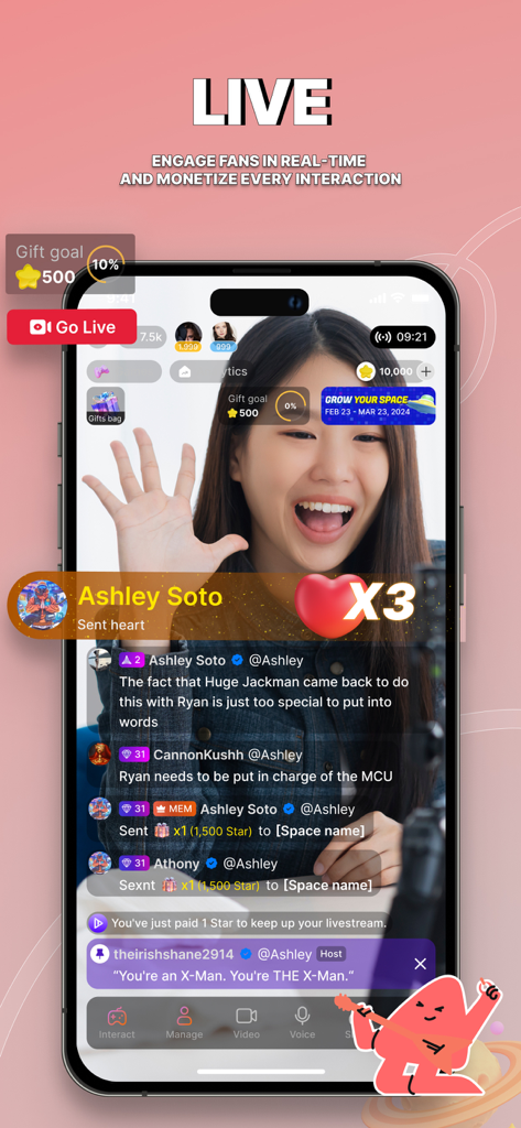 Interfaccia dell'app Tevi che mostra un livestream con interazioni dei fan e obiettivi di donazione