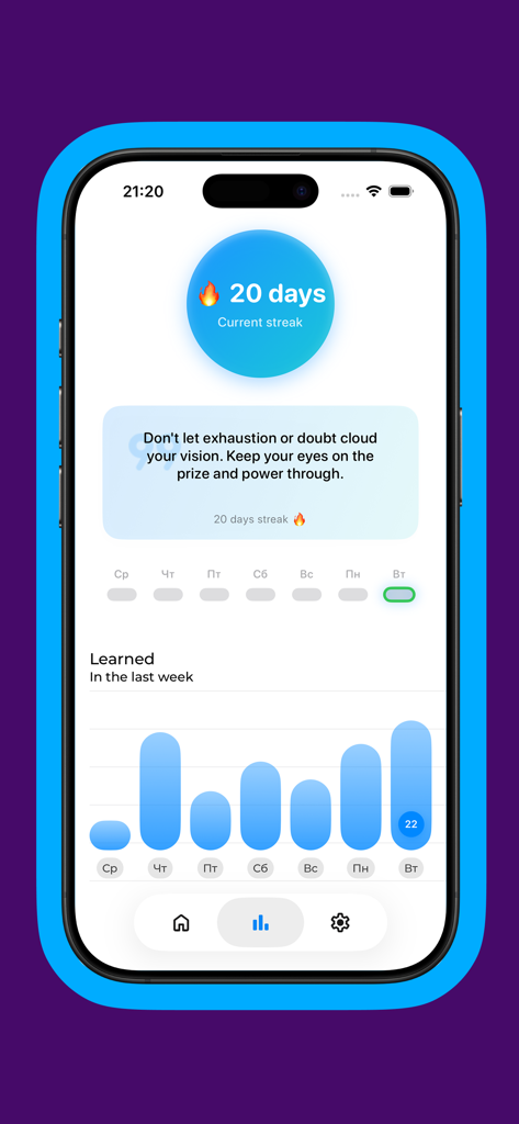 Flashcards: Easy Make & Learn - Interface of the Flashcards app showing a 20-day study streak and a weekly learning activity bar chart.