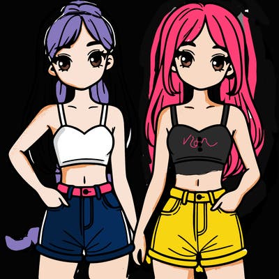 two sisters with crop tops and jean shorts and straight hair