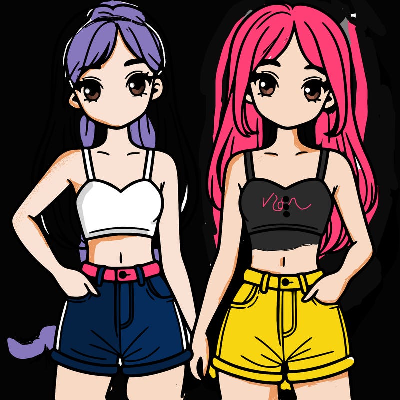 two sisters with crop tops and jean shorts and straight hair