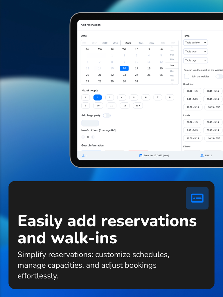 dotyourspot business | tablet - dotyourspot businessタブレットアプリでの予約とウォークインの追加インターフェイス。