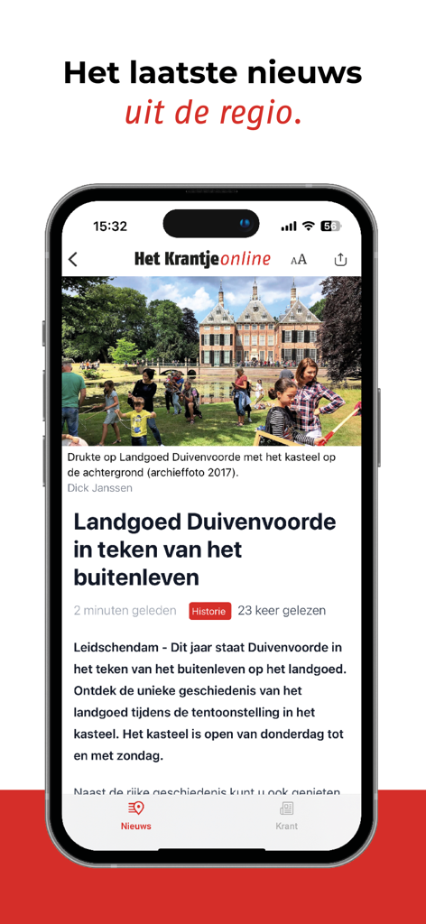 The Het Krantje app displaying a local news article about an event at Landgoed Duivenvoorde