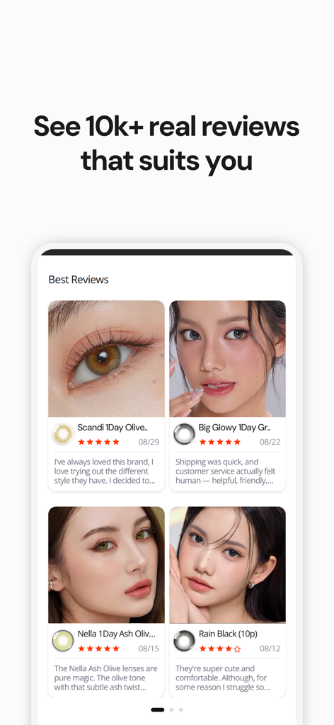 OLENS - 고객 리뷰와 컬러 렌즈를 착용한 사람들의 실제 사진을 보여주는 OLENS 앱 인터페이스