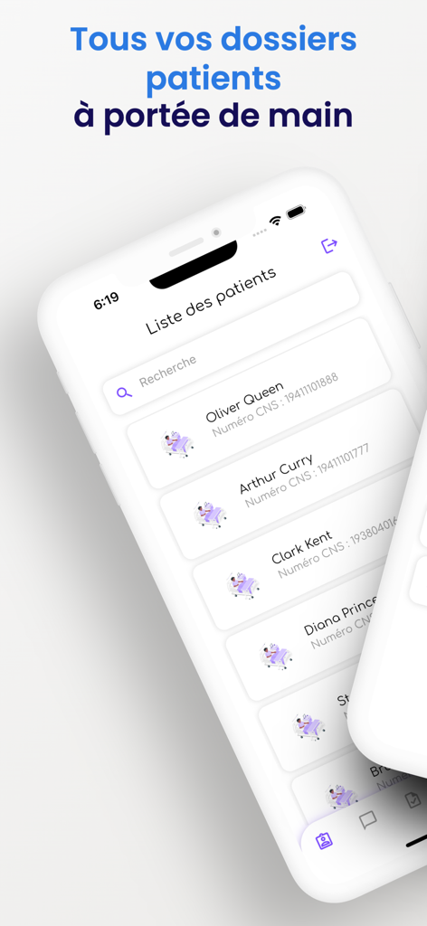 Alfred Care - Alfred Care mobile app interface showing a list of patient records with names and medical IDs.