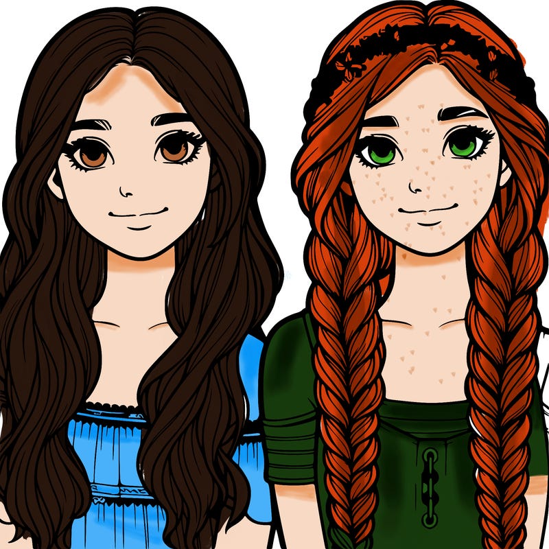 two realistic girls  ( one girl with lots of braids )