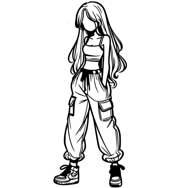 girl in baggy pants crop top and long hair