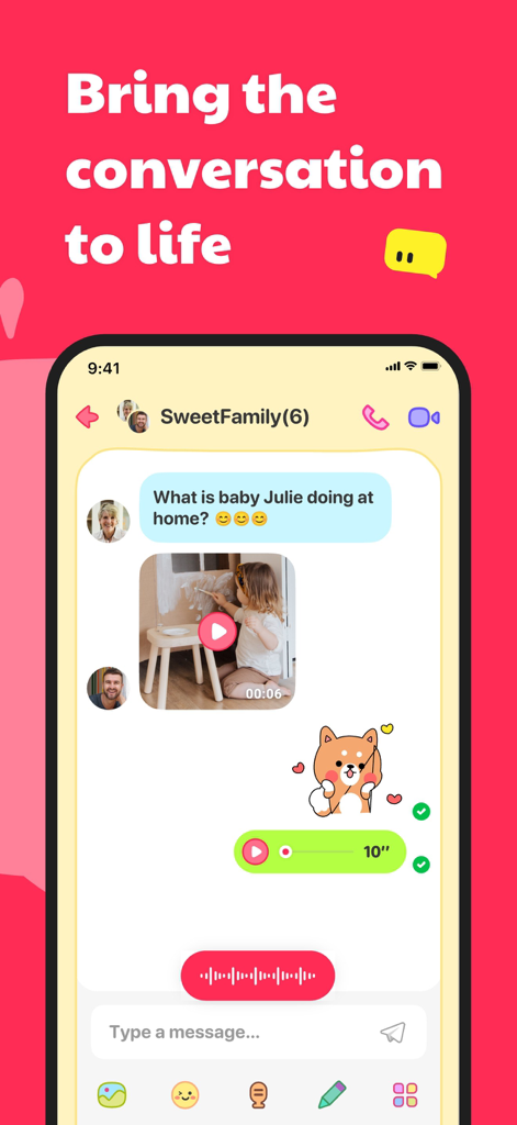 Interface de l'application JusTalk Kids montrant un chat de groupe familial avec du texte, des messages vidéo et des autocollants.