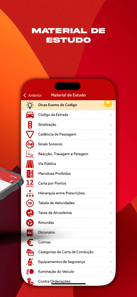 Elenco di argomenti di studio per l'esame teorico di guida portoghese, inclusi segnali e regole del traffico.