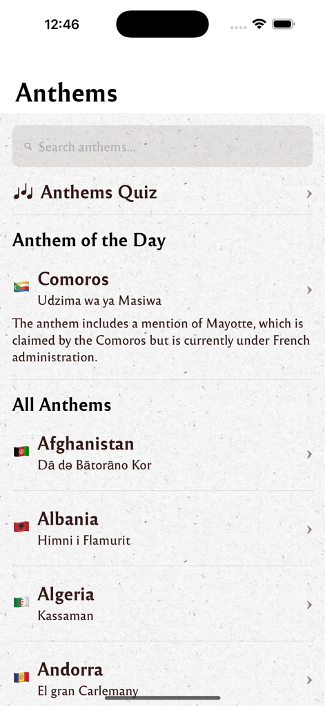 Home screen of the Anthems app showing the Anthem of the Day and a list of national anthems with flags