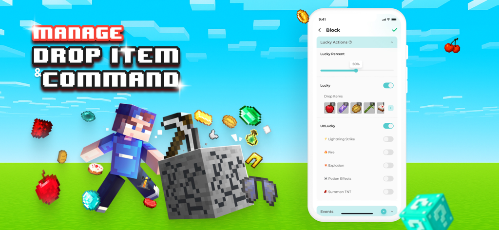 Interfaz que muestra cómo gestionar objetos de caída y comandos para un bloque de la suerte en Minecraft.
