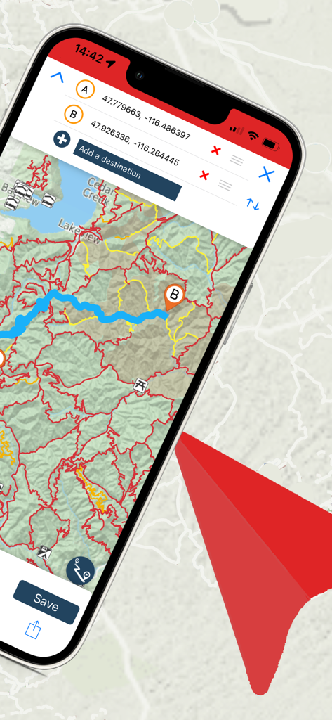 Interface do aplicativo TrakMaps exibindo navegação de trilha off-road com coordenadas GPS e planejamento de rota