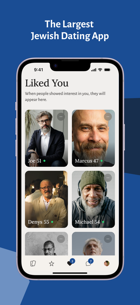 Capture d'écran de l'application Jdate montrant les profils d'hommes juifs dans la section "Vous a aimés"