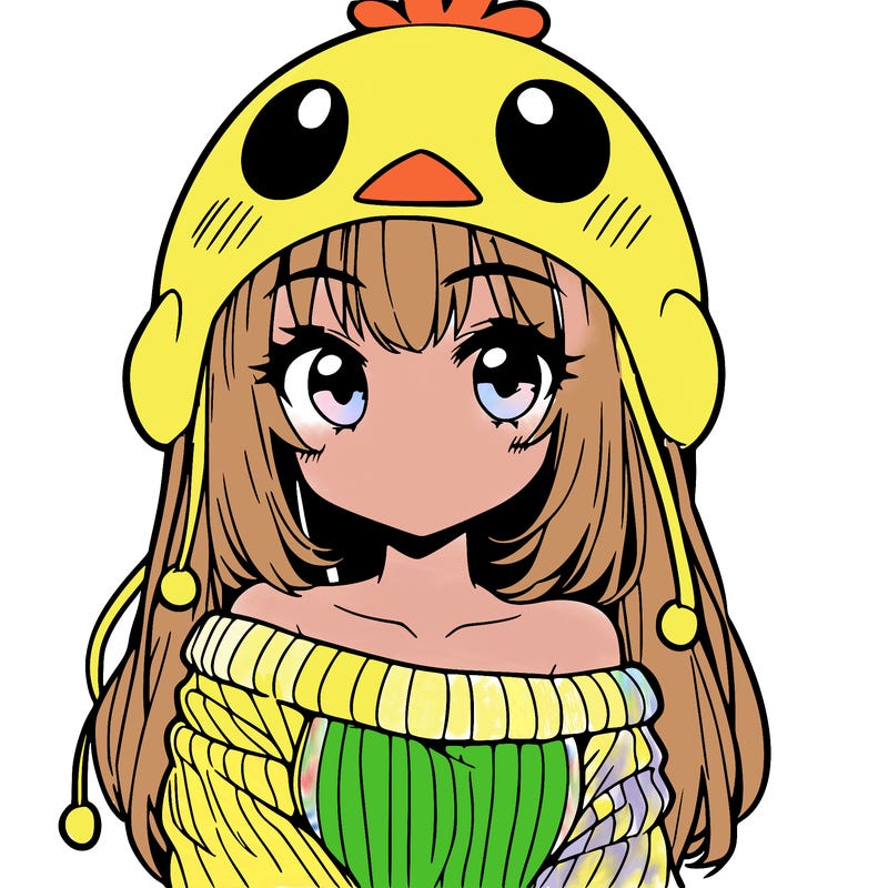 anime girl with chick shaped hat with sweater with bare shoulders with bangs covering them one eye with low tail