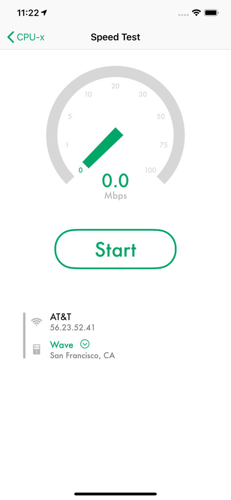 CPU-x Dasher z Battery life - Network speed test interface in CPU-x showing a speedometer gauge and AT&T carrier information