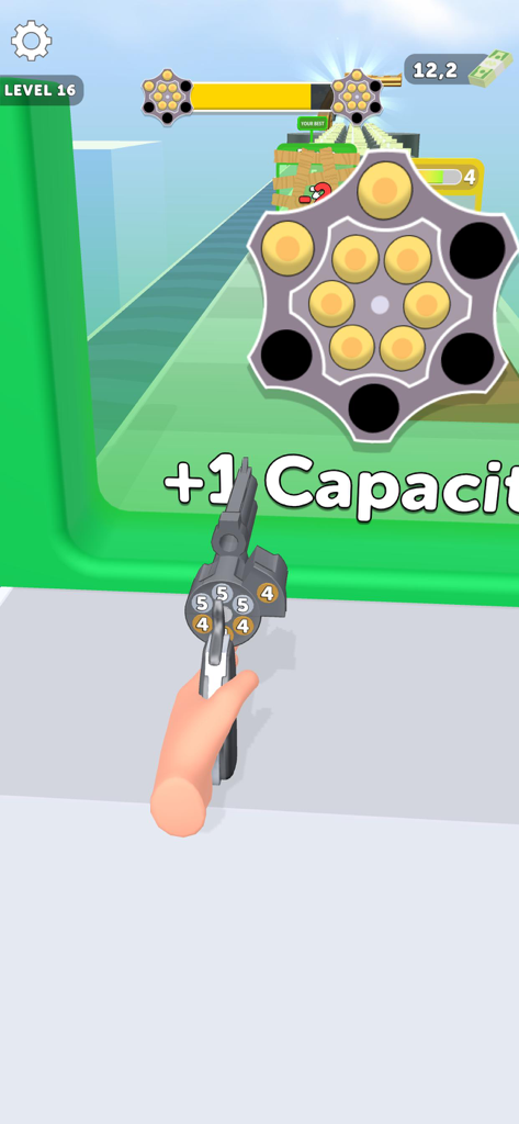 First person view of Revolver Rush gameplay showing a hand holding a gun and passing through a plus one ammo capacity gate.