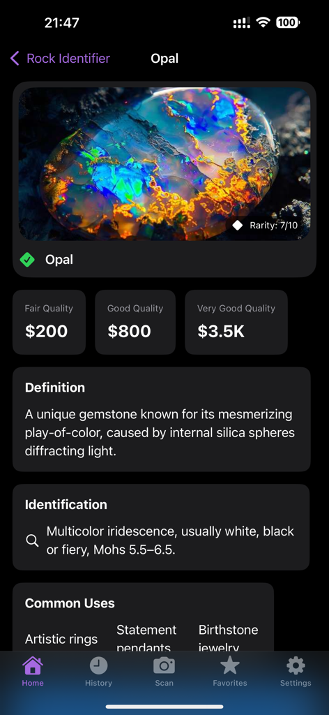 Rock Identifier: Stone Scan ID - Screenshot of the Rock Identifier app displaying a colorful Opal with its rarity, market value, and geological definition.