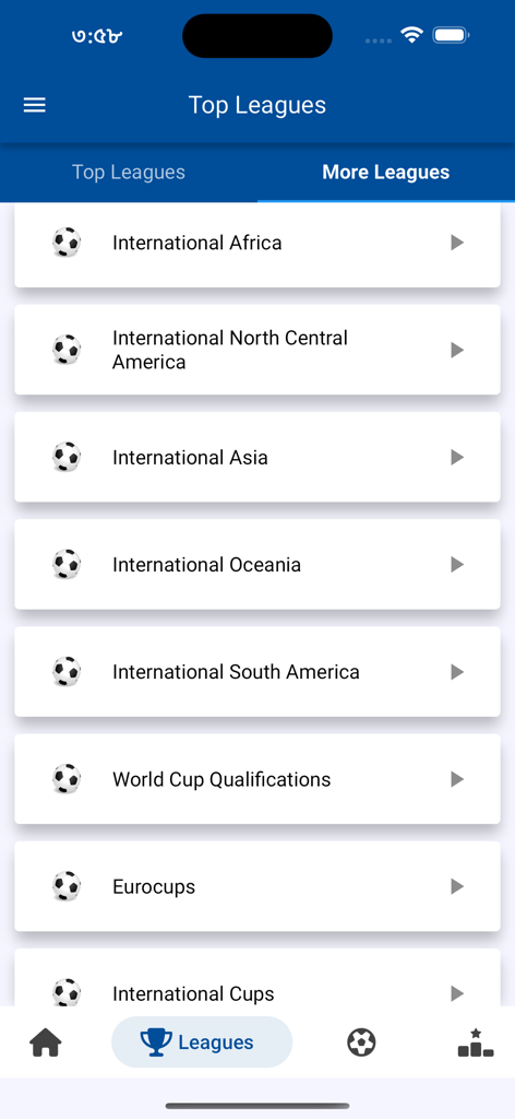 KickNow: Live Football Scores - KickNow app screen showing a list of international football leagues and global competitions.