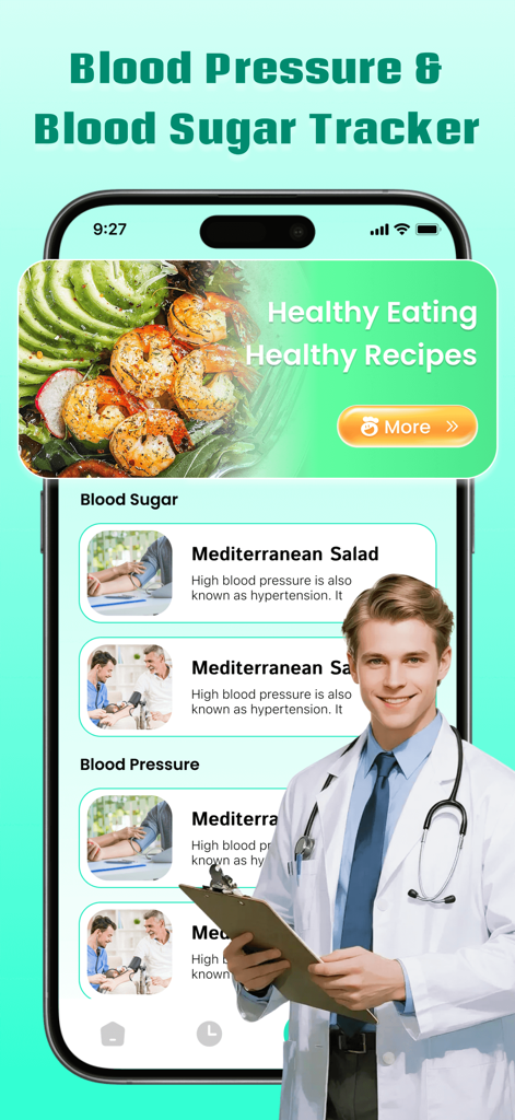 Blood Sugar Master-AI Monitor - App interface showing blood pressure and blood sugar tracker with healthy recipe suggestions.